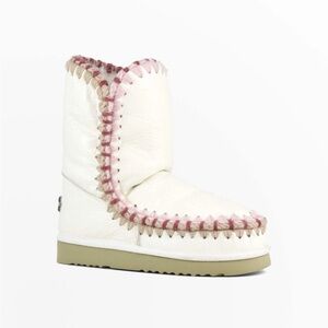 MOU Eskimo 24 White Leather Pink Red Tan 3D Overstitch Wool Boots 7 Free People